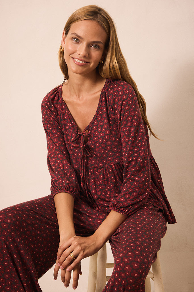 Midnight Daisy Tie-Top Long-Sleeve Women’s Sleep Set