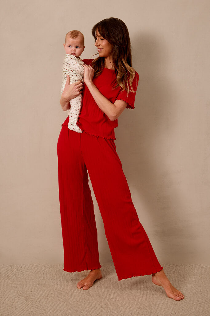 Red Pointelle Short-Sleeve Women’s Sleep Set