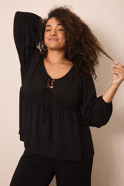 Black Tie-Top Long-Sleeve Women’s Sleep Set